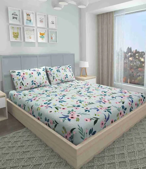 SEA_GREEN_220_TC_Cotton_Elastic_Fitted_King/Queen_Size_Bedsheets_With_2_Pillow_Covers